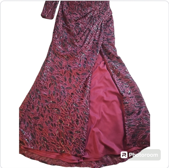 Mac Duggal Maxi Dress Ruched Embroidery Lace Sequin Faux Wrap Long Sleeves Gown - Picture 12 of 15